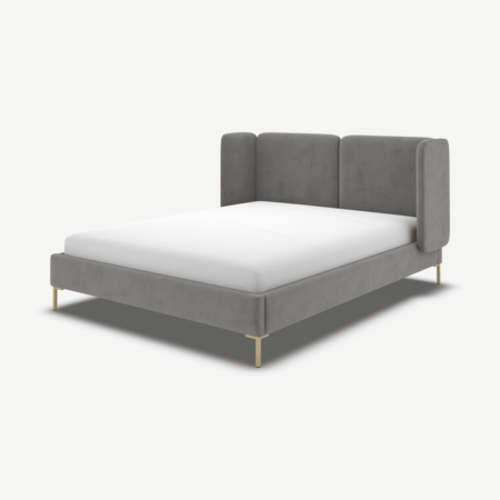 Ricola King Size Bed, Steel Grey Velvet with Brass Legs